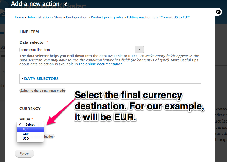 Select the final
currency destination. For our example, it will be EUR.