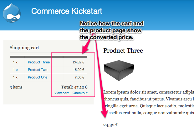 Notice how the
cart and the product page show the converted price.