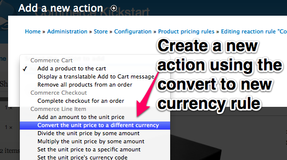 Create a new
action using the convert to new currency rule.