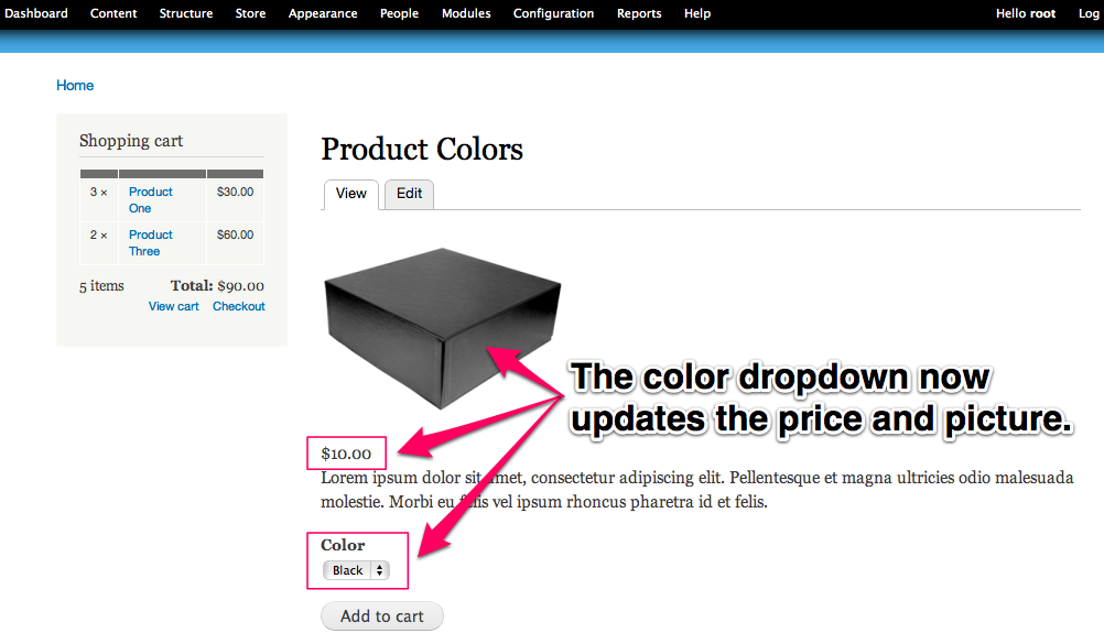 The color drop down now
updates the price and picture.