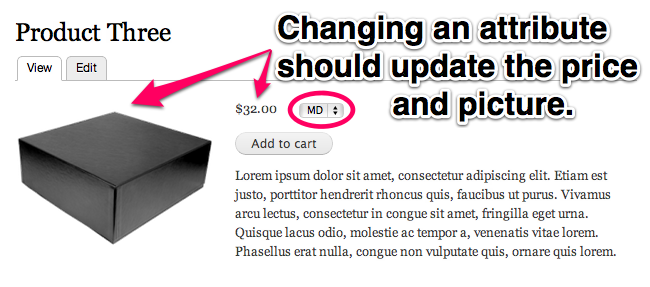 Changing an attribute
should update the price and picture.