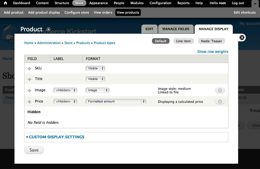 This is
where you manage the display of the fields for default values.