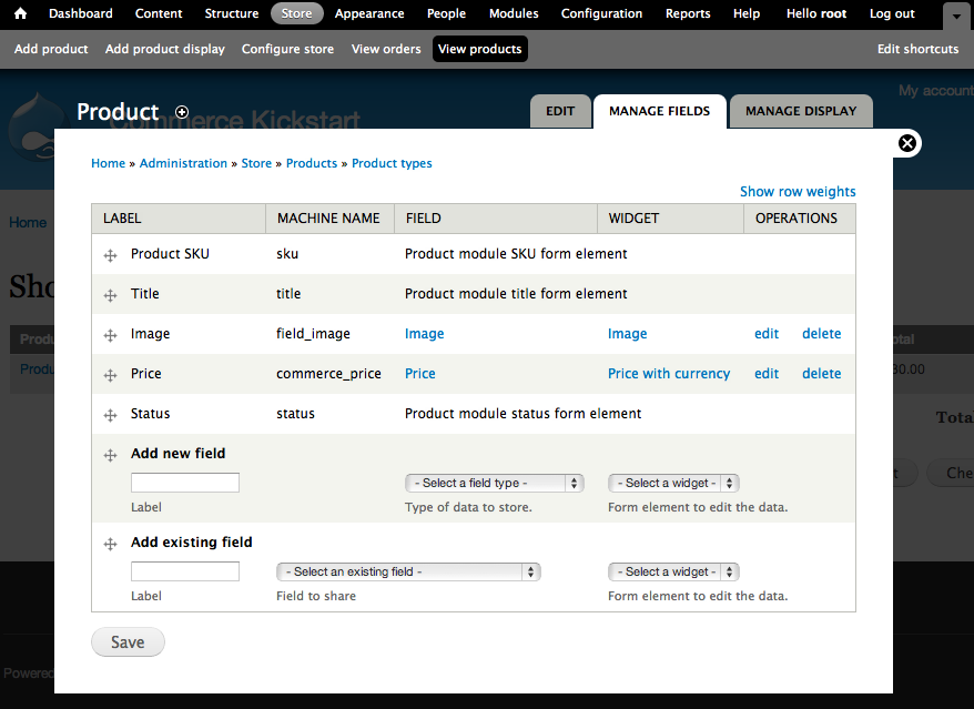 Product
Type, Manage Fields