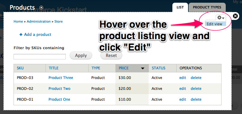 Hover over the
product listing view and click Edit