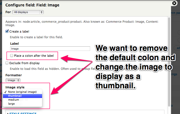 We want to
remove the default colon and change the image to display as a
thumbnail.