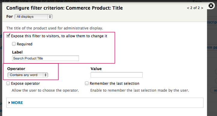 For the title,
we will expose the filter and change the operator to contains any word.